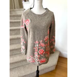 Anthropologie Sleeping On Snow Tan Pink Embroidered Floral Wool Blend Sweater